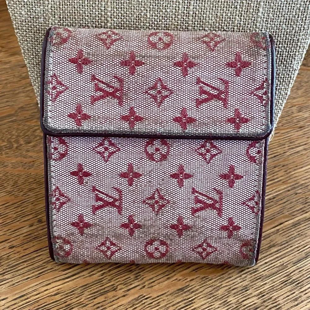 Louis Vuitton Red/Sepia Monogram Lin Porte-Tresor Canvas & Leather Wallet w/COA.
